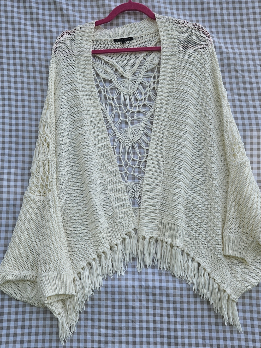 Staccato Cream Crochet-Back Fringe Open Cardigan